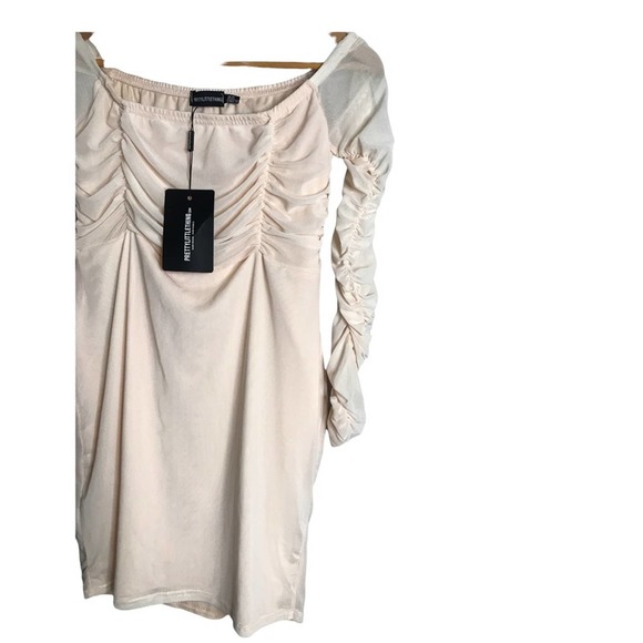 PrettyLittleThing | New Blush Ruched Mesh Bardot Bodycon Dress - Picture 6 of 12